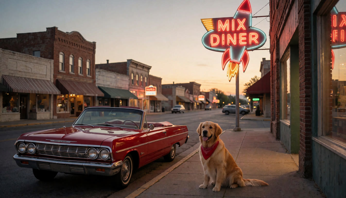 An imagined sunset scene with a vintage red convertible, a golden retriever, and a neon Mix Diner sign